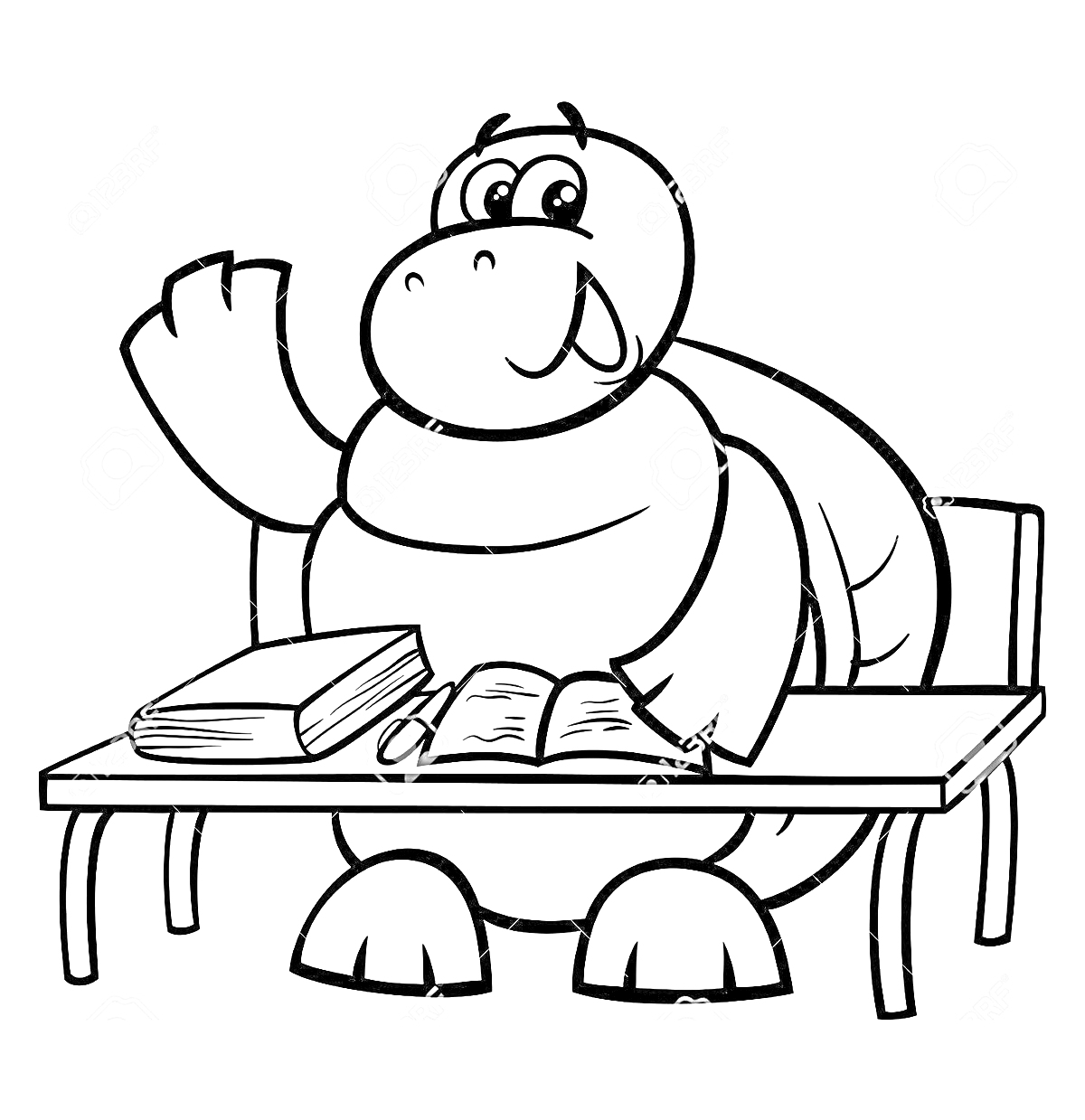 Черепаха за партой с учебниками и ручкой