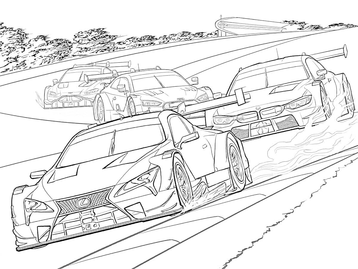 Раскраска Гоночная трасса с гоночными автомобилями, деревьями и изогнутыми дорогами
