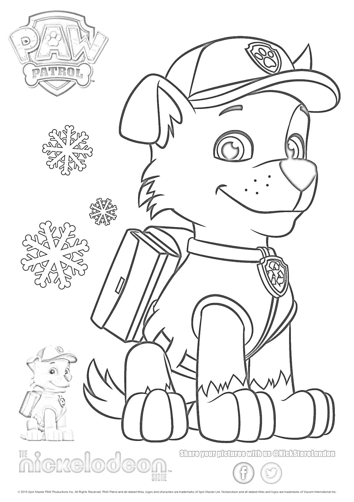 Раскраска Щенячий патруль. Дикий кот. Снежинки, логотип, щенок в кепке и рюкзаке.