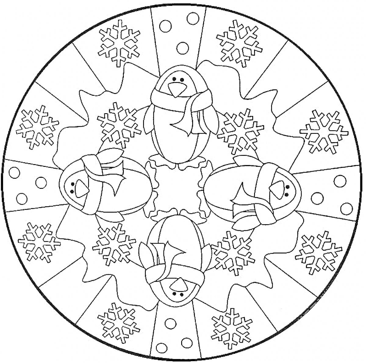 На раскраске изображено: Пингвины, Снежинки, Новогодний узор, Круглые узоры