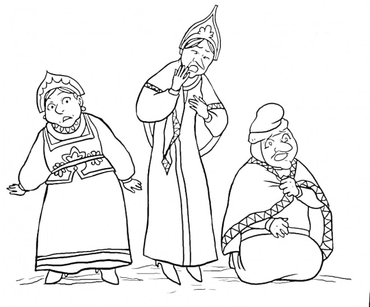 На раскраске изображено: Традиционная одежда, Женщина, Мужчина, Сарафан, Кокошник, Шапка, Персонаж, Русские народные сказки
