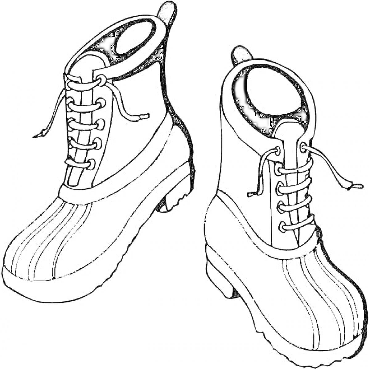 На раскраске изображено: Ботинки, Шнуровка, Обувь, Петли, Зимняя обувь
