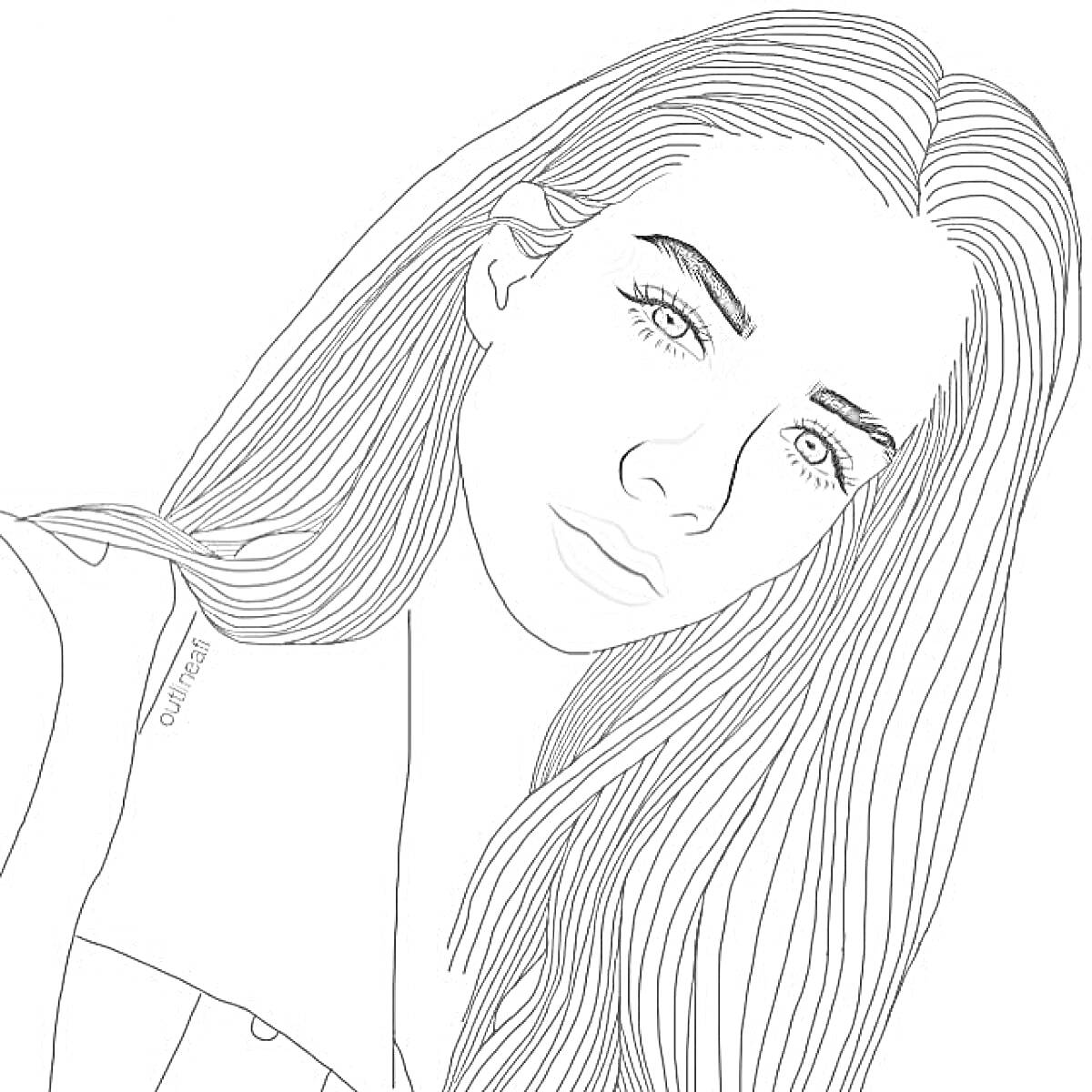 Раскраска Портрет девушки с длинными волосами, с наклоном головы, крупный план