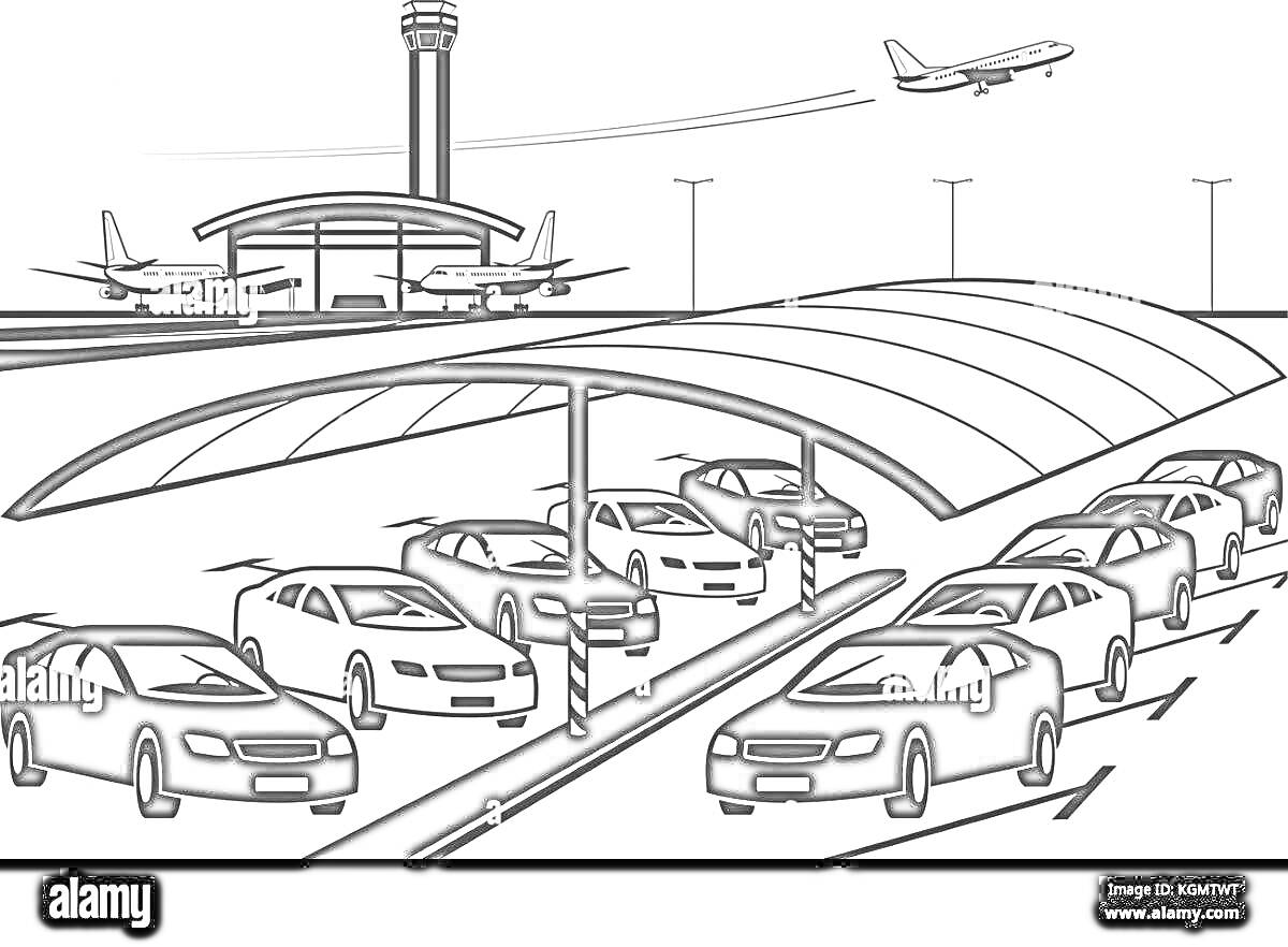 На раскраске изображено: Парковка, Аэропорт, Самолеты, Взлет, Посадка, Навес, Диспетчерская башня, Транспорт