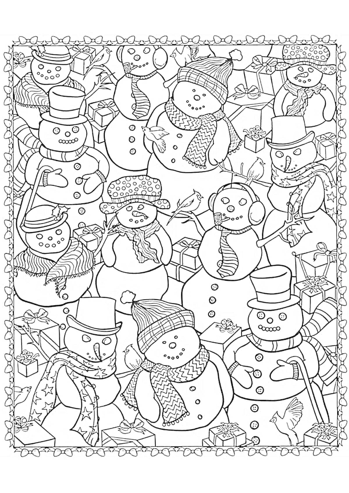 Раскраска Снеговики в шарфах и шляпах с подарками и птицами