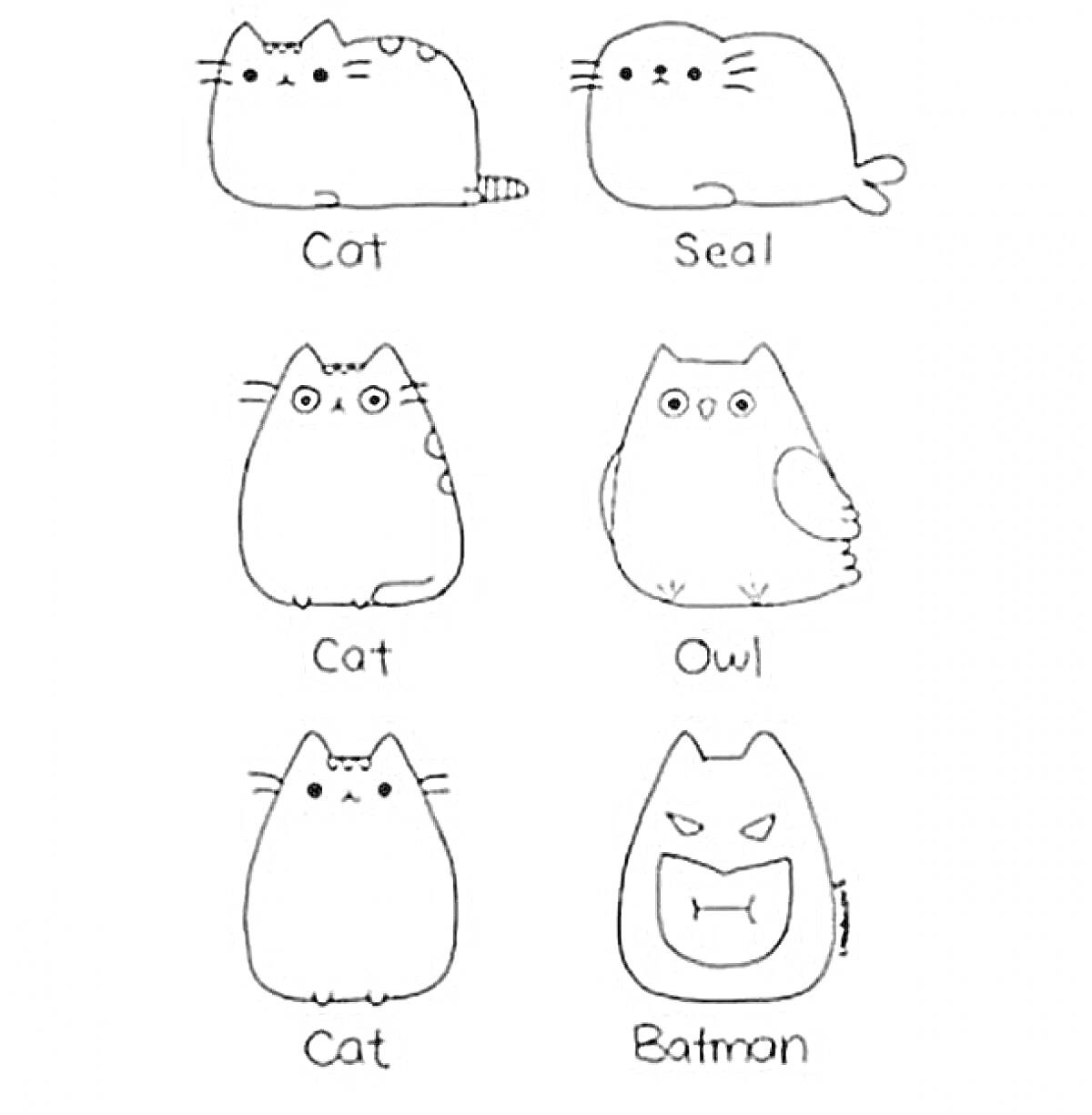 Раскраска Pusheen в разных образах (кот, тюлень, кот, сова, кот, бетмен)