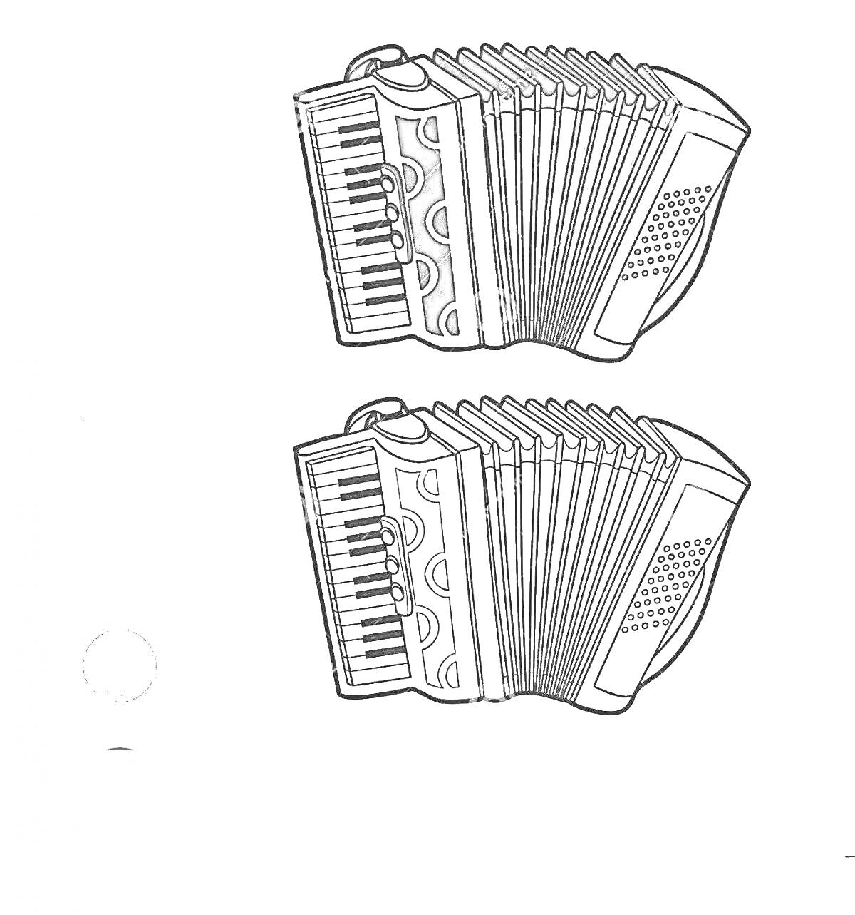 На раскраске изображено: Аккордеон, Клавиатура, Меха, Музыка, Музыкальные инструменты