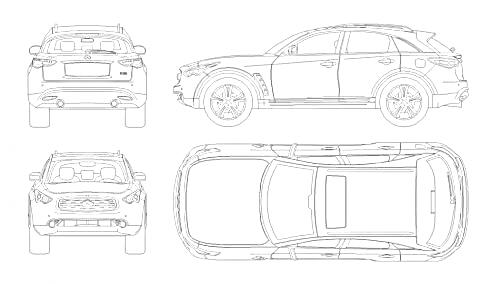 Раскраска Схематическое изображение автомобиля Infiniti с видом спереди, сзади, сбоку и сверху