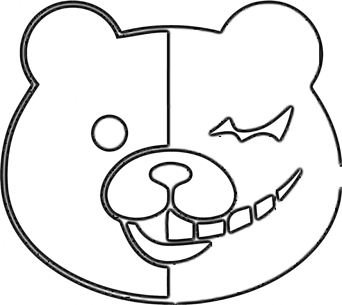 Раскраска Лицо Монокумы с разделением на черную и белую половину с разной мимикой (один глаз круглый, другой в виде полумесяца, половина улыбающегося рта с зубами)