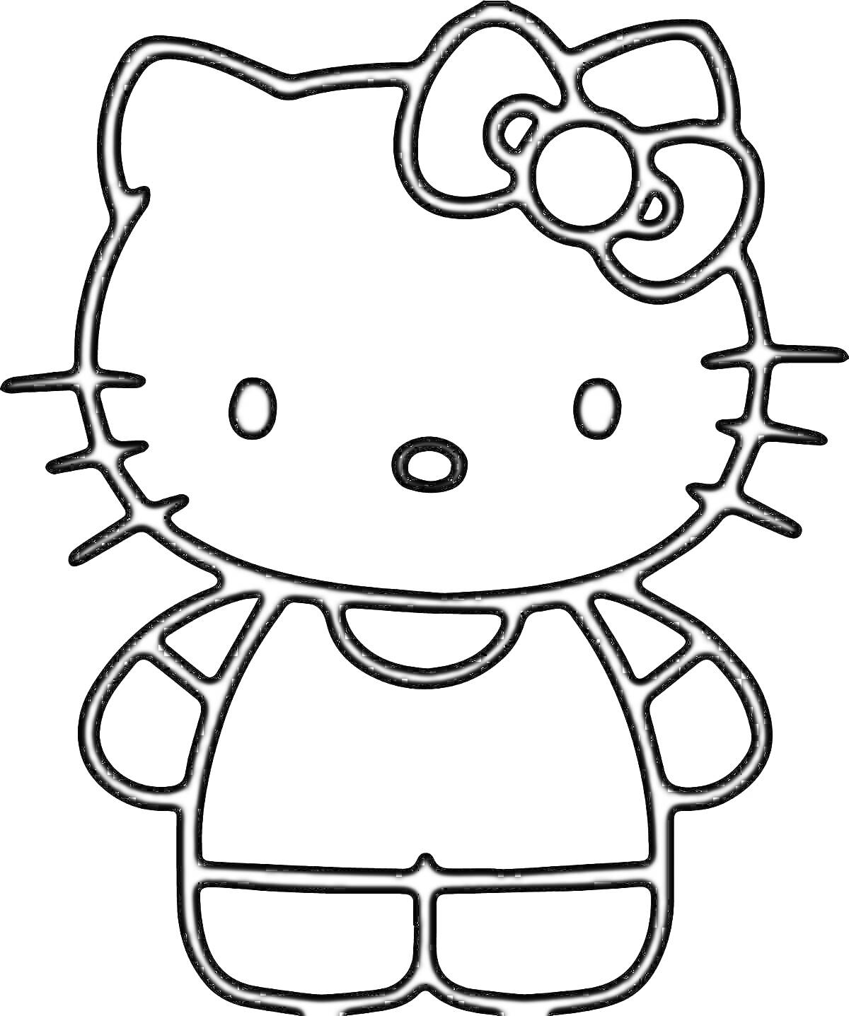 Раскраска Чёрно-белая раскраска с изображением котёнка с бантом на голове и в простом костюме