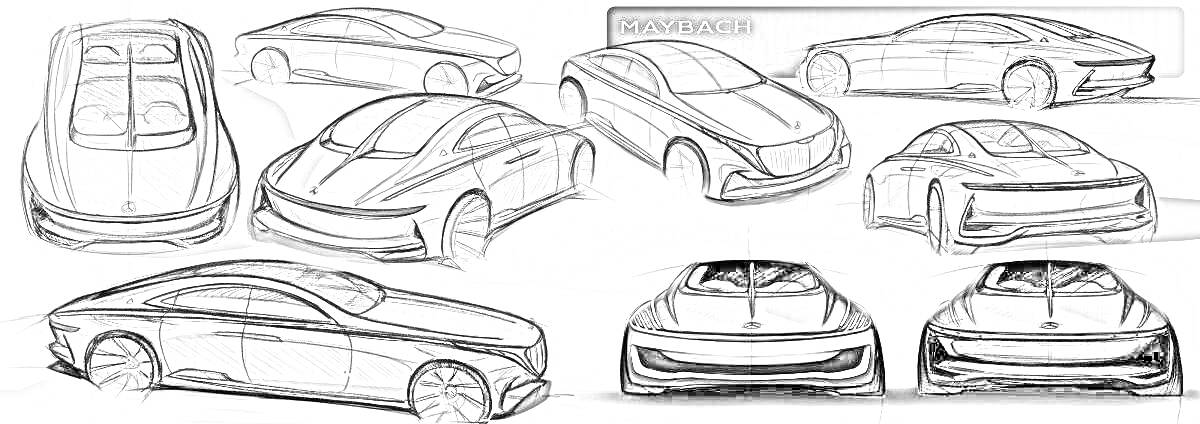 Раскраска Эскизы автомобилей Maybach с разных ракурсов