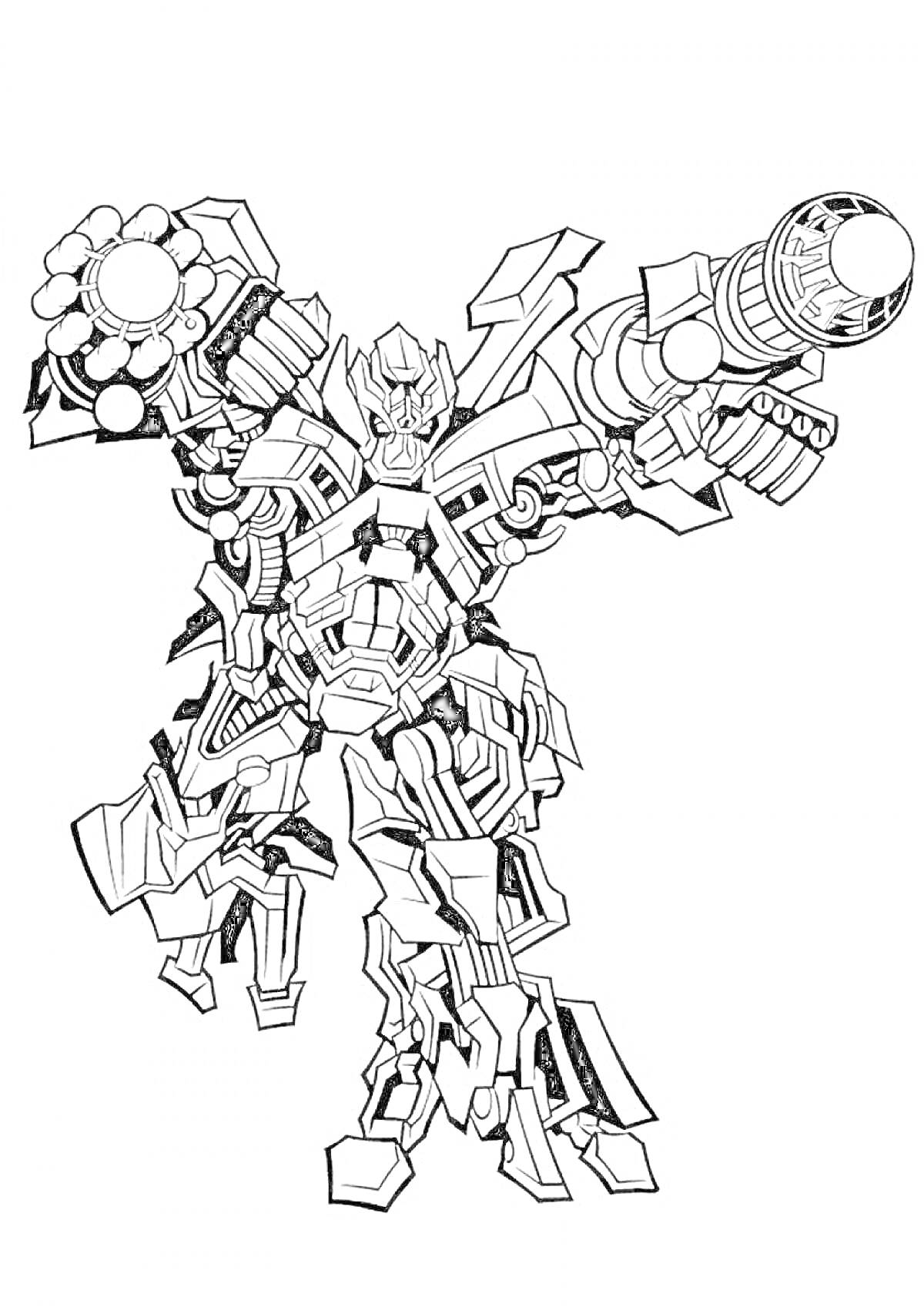 Раскраска Боевой робот с массивными пушками на руках