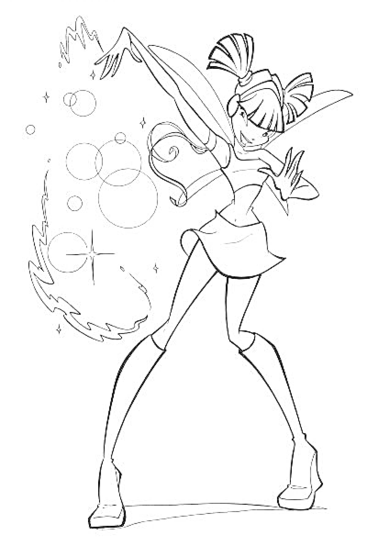 Раскраска Винкс Муза в боевой позе с магическими элементами, пузырями и звёздочками