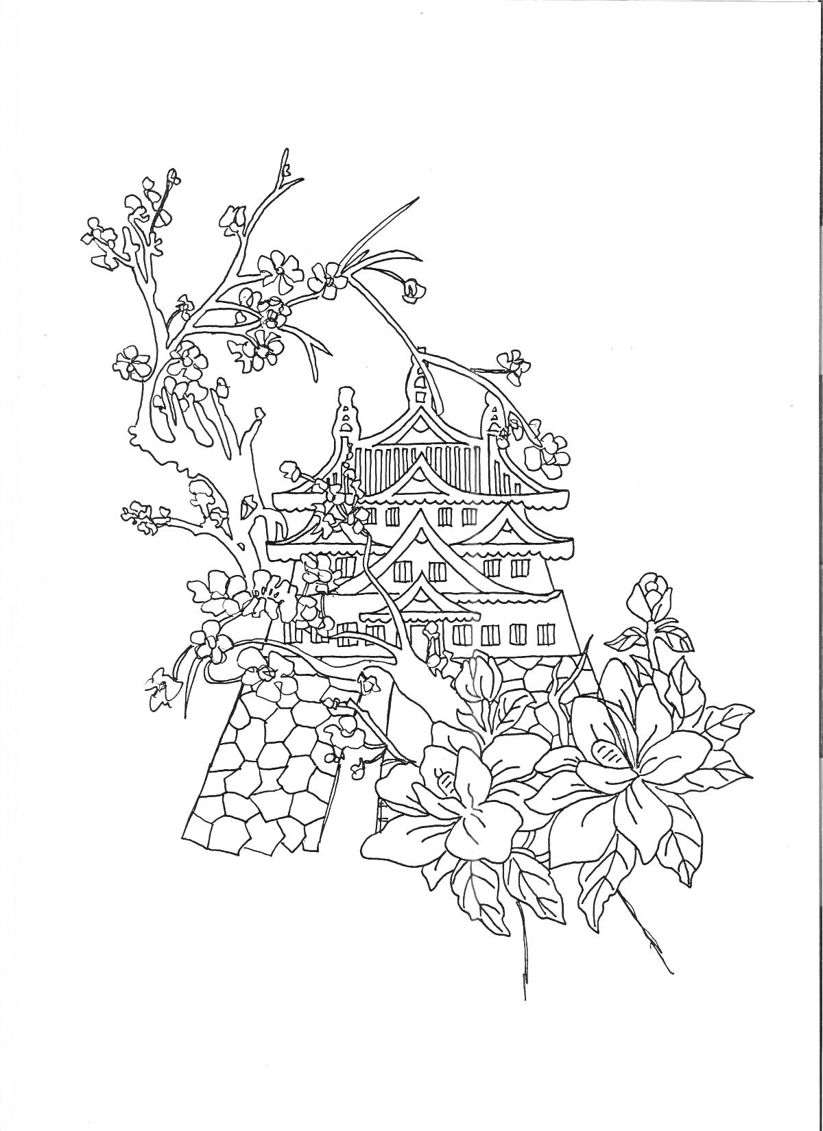 На раскраске изображено: Традиционное здание, Цветы, Архитектура, Природа, Японский стиль