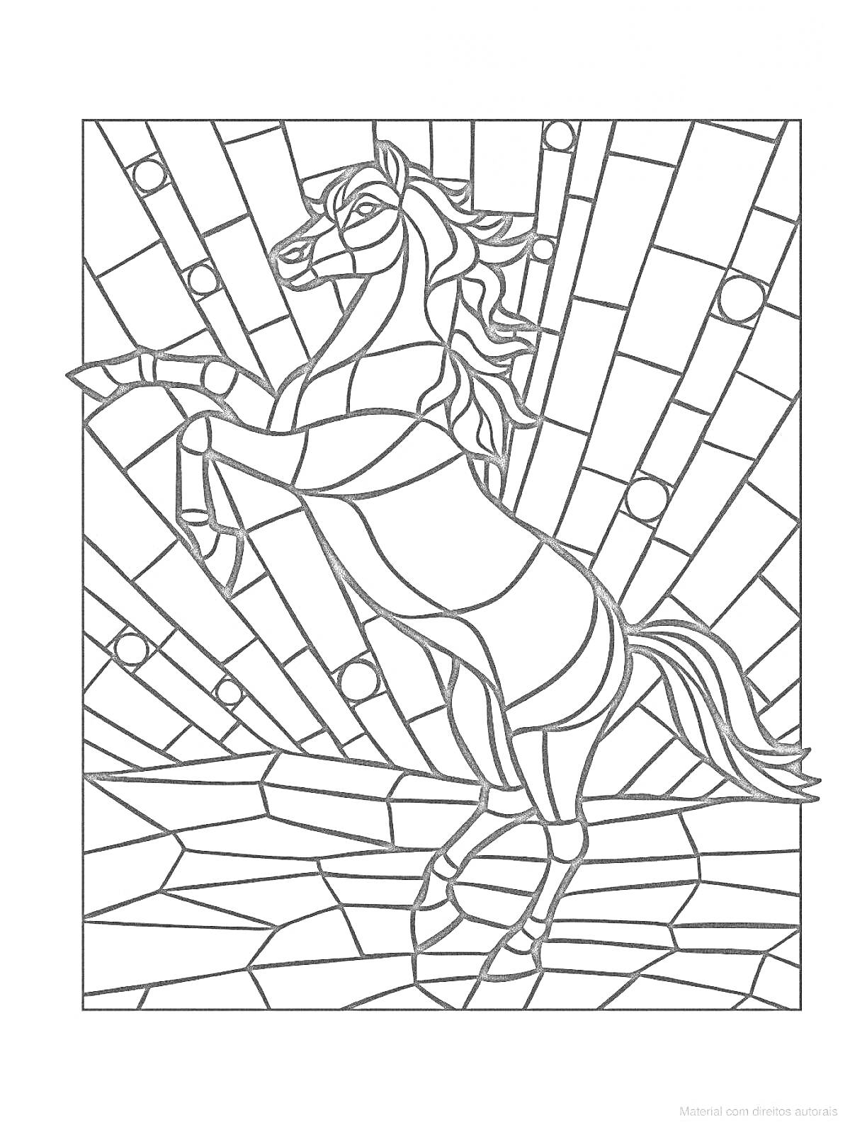 На раскраске изображено: Лошадь, Витраж, Круги, Прямоугольники, Для детей