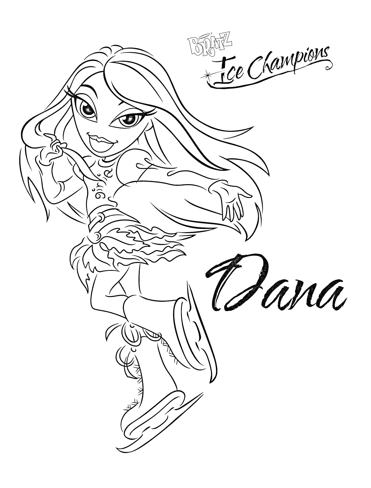 Раскраска Братц на льду - Дана, фигуристка в юбке и ботинках для фигурного катания