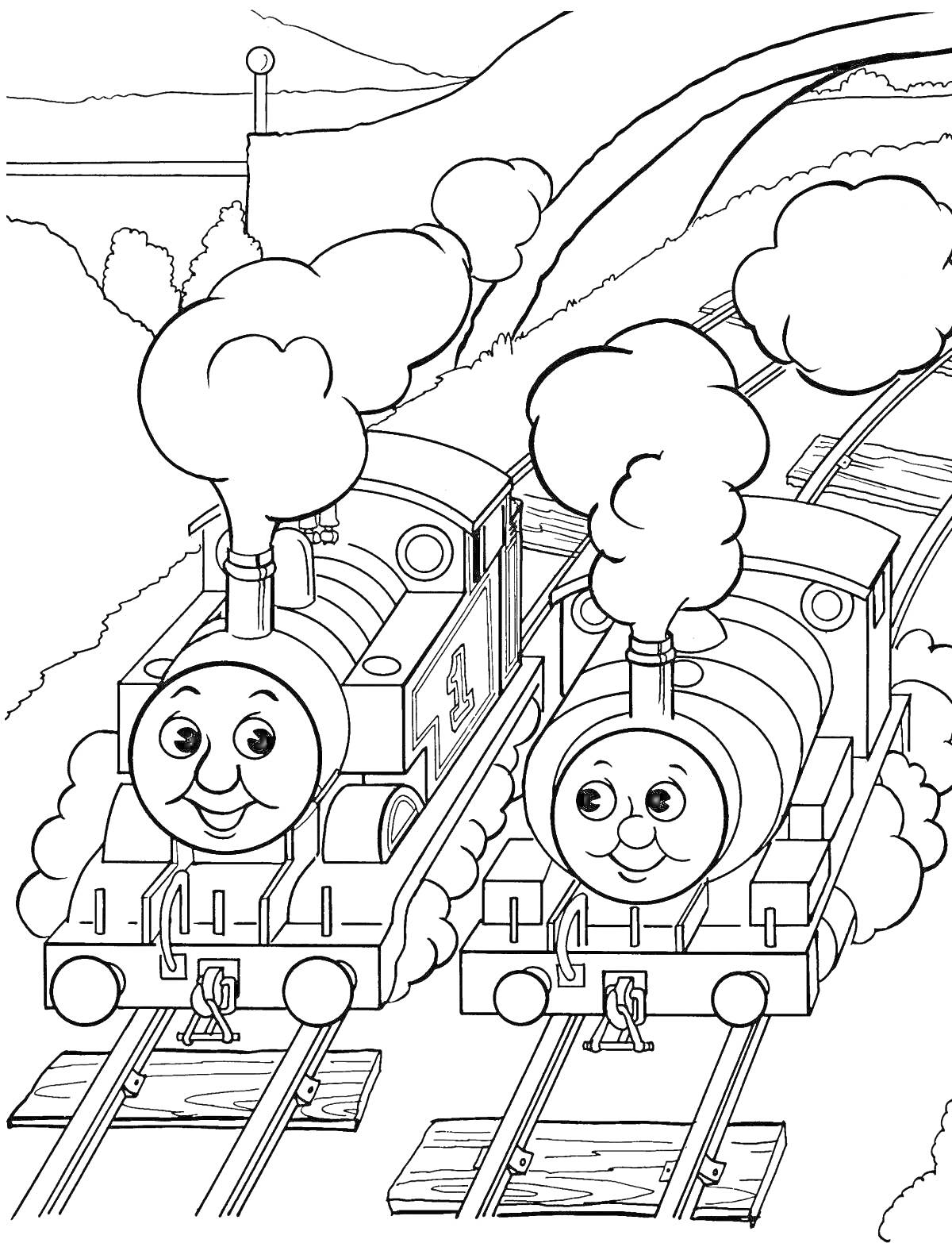 Раскраска Томас и Перси на железной дороге, обилие дыма, деревья и холмы на заднем плане