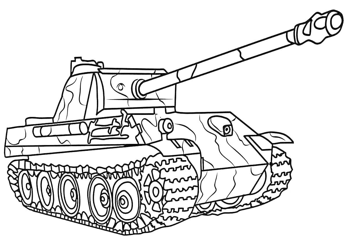 Раскраска Танк с длинным орудием и гусеницами