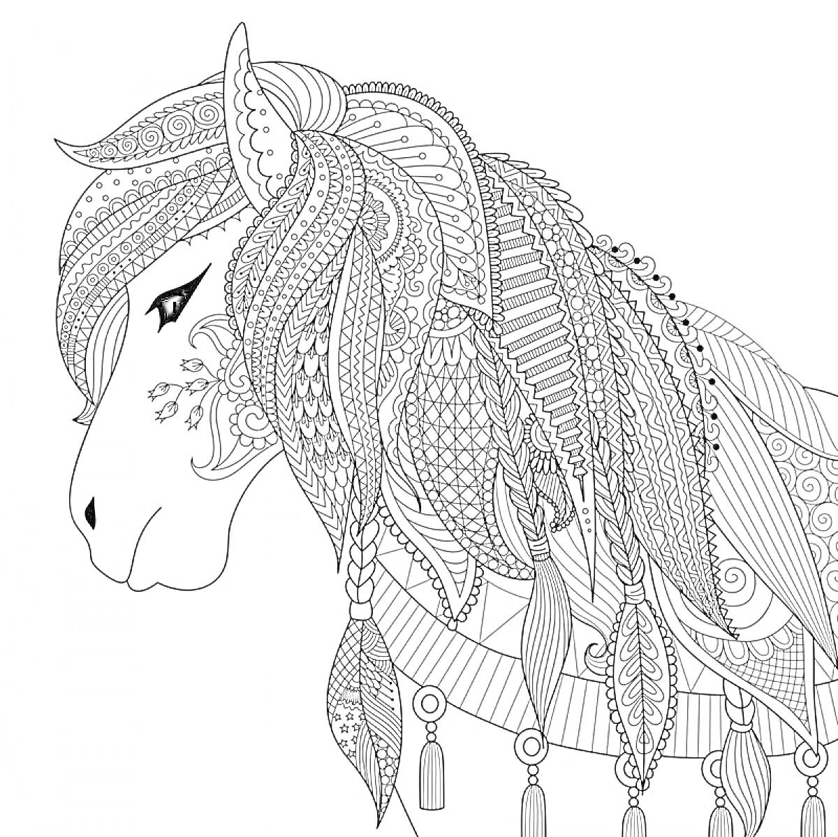 Раскраска Лошадь с замысловатой текстурированной гривой и перьями
