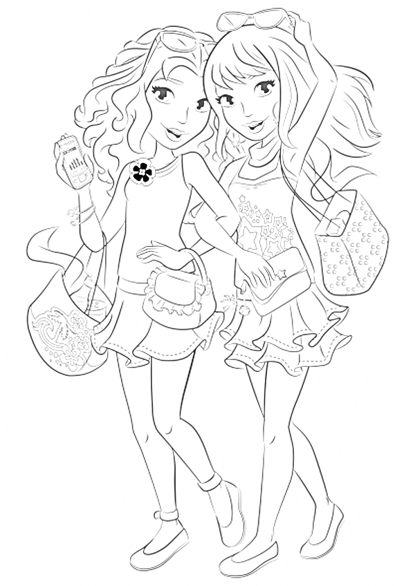 Раскраска Две девушки Лего Френдс с сумками и телефоном