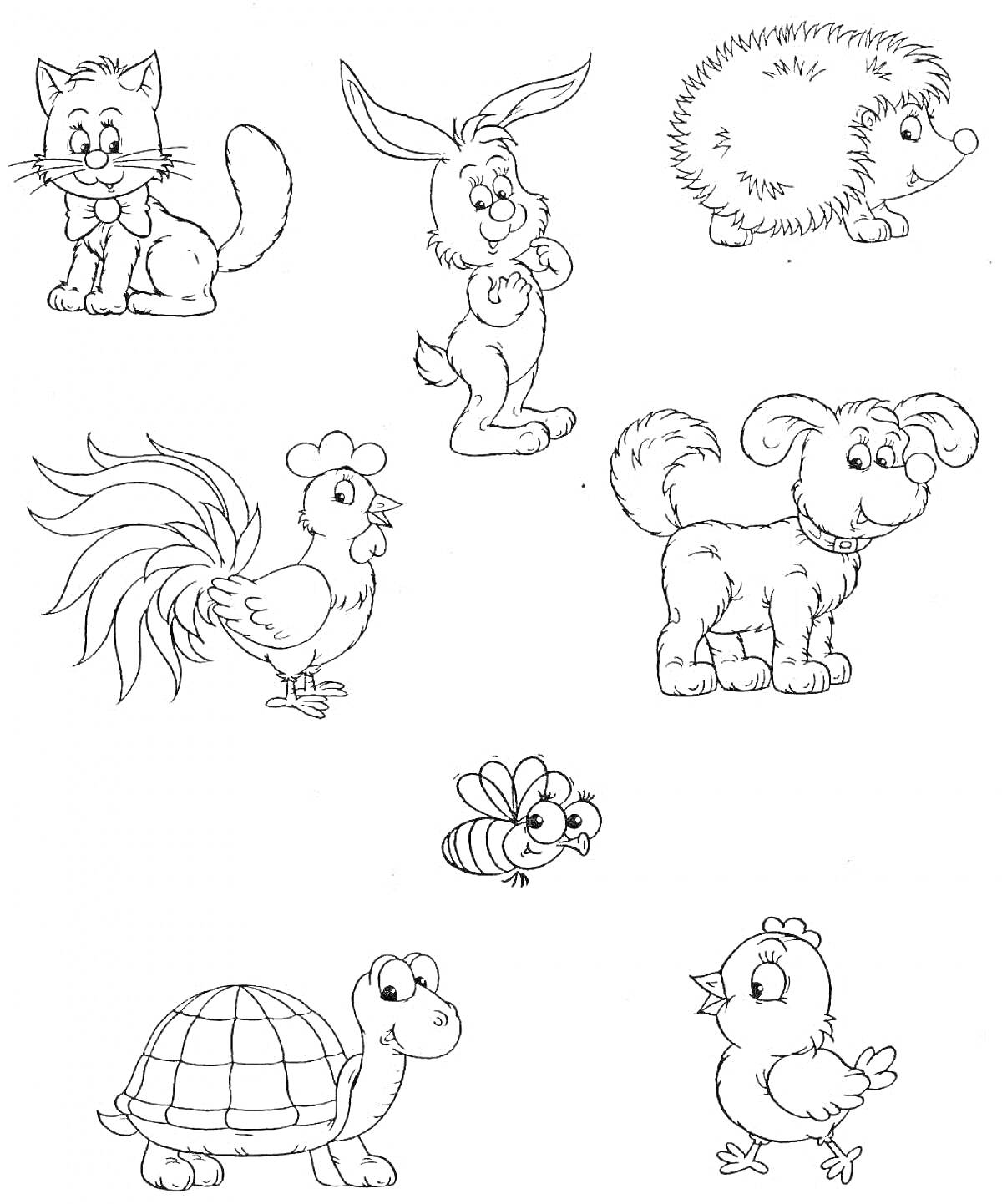 На раскраске изображено: Кот, Кролик, Еж, Петух, Черепаха, Животные