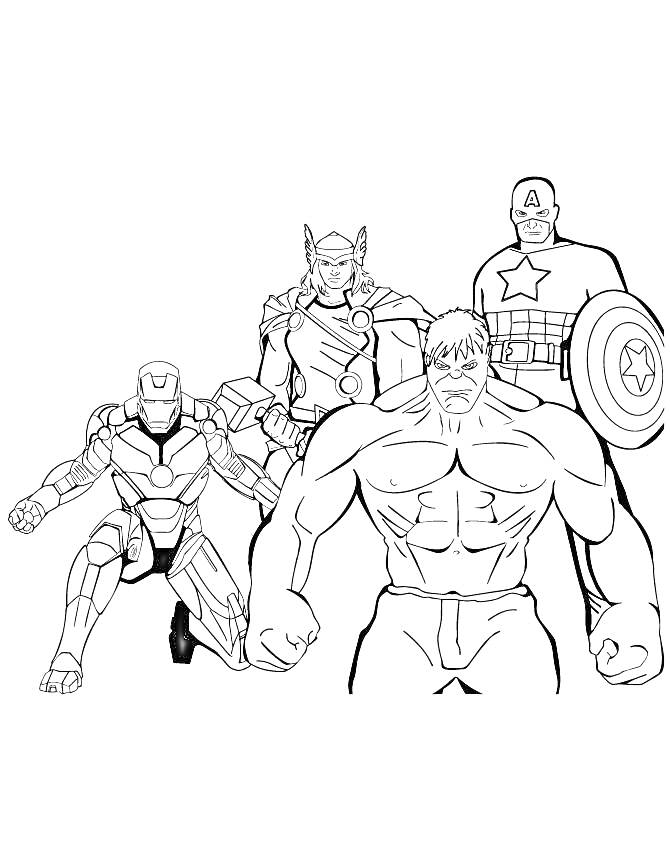 На раскраске изображено: Тор, Железный человек, Капитан америка, Халк, Супергерои, Комиксы, Марвел, Команда, Герой, Щит, Молот, Броня, Сила