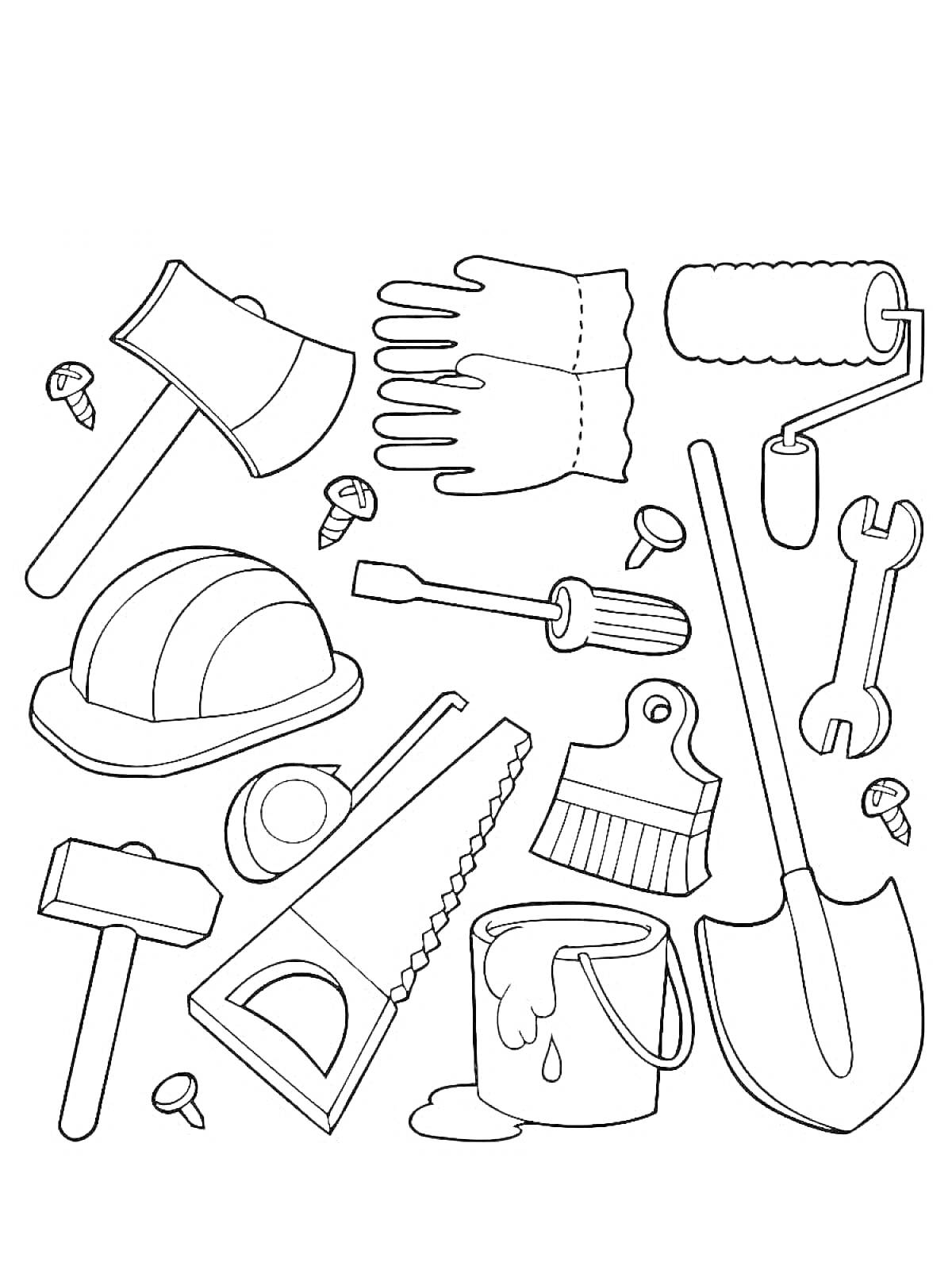 На раскраске изображено: Перчатки, Валик, Гвозди, Каска, Отвертка, Гаечный ключ, Молоток, Угольник, Пила, Банка краски, Лопата