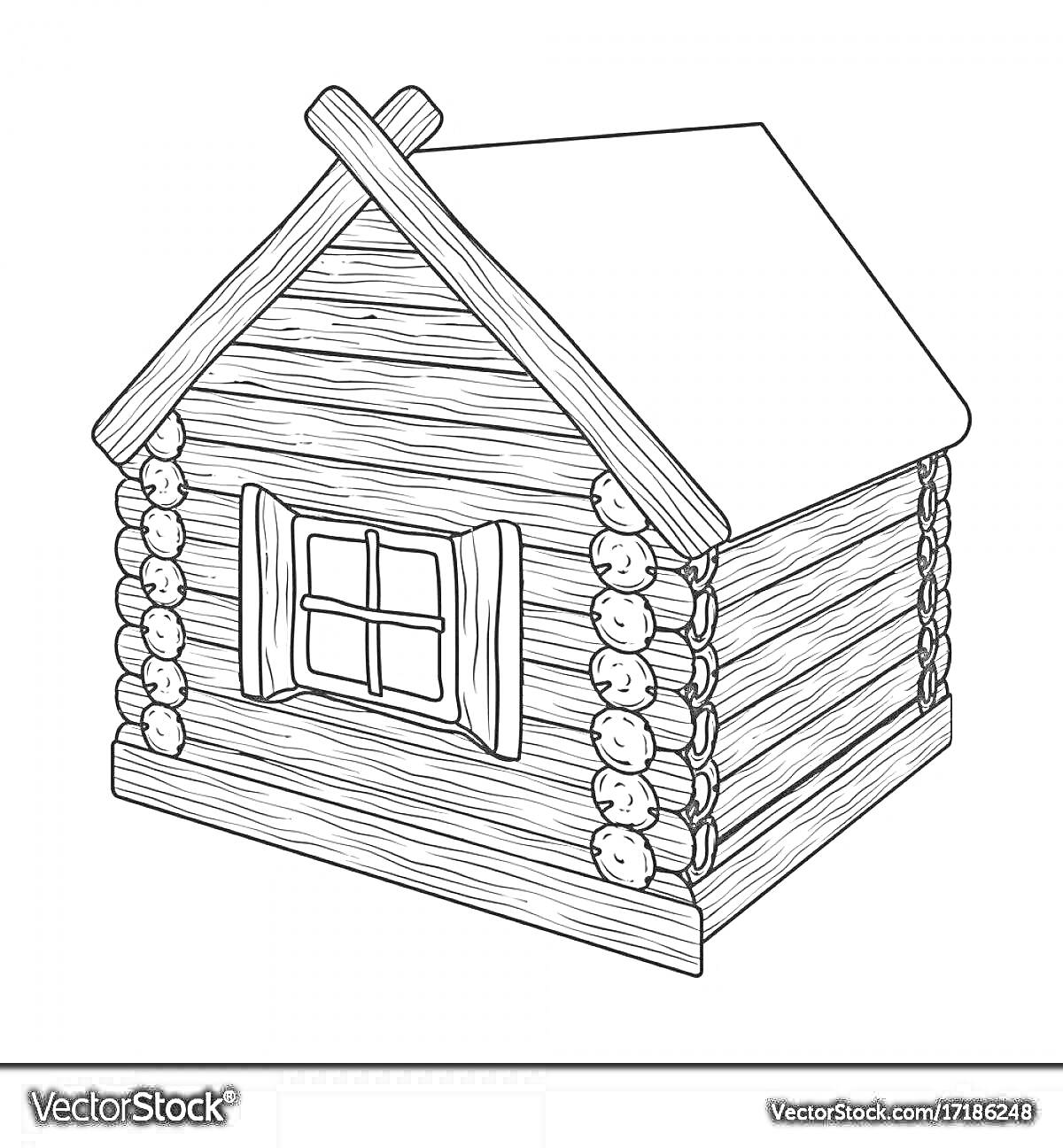 На раскраске изображено: Домик, Бревенчатый дом, Окна, Крыша