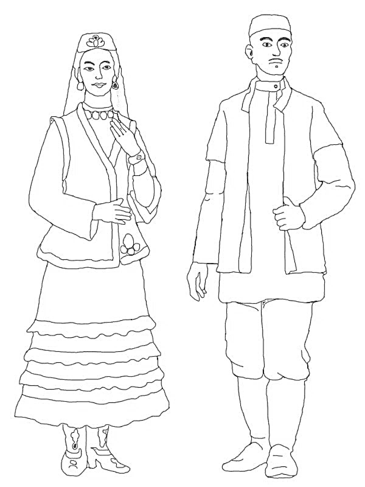 Раскраска Традиционные национальные костюмы мужчины и женщины, состоящие из головных уборов, верхней и нижней одежды