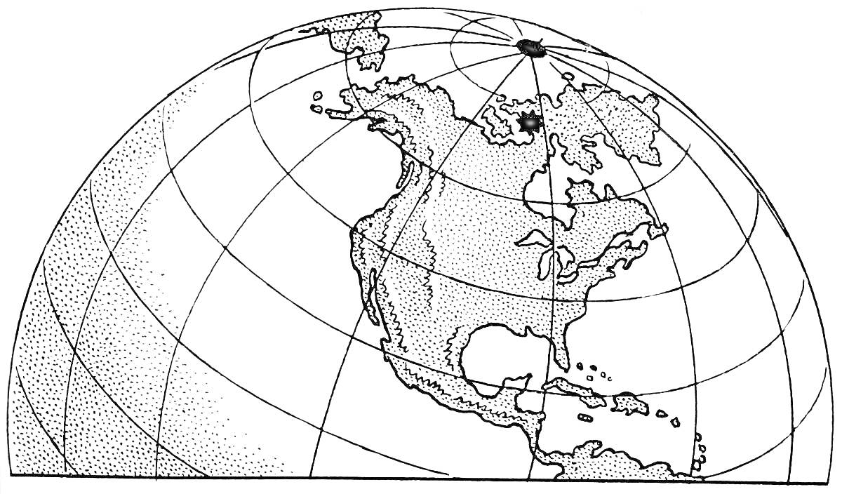 Полушарие с континентами Северная и Южная Америка, линиями долготы и широты.