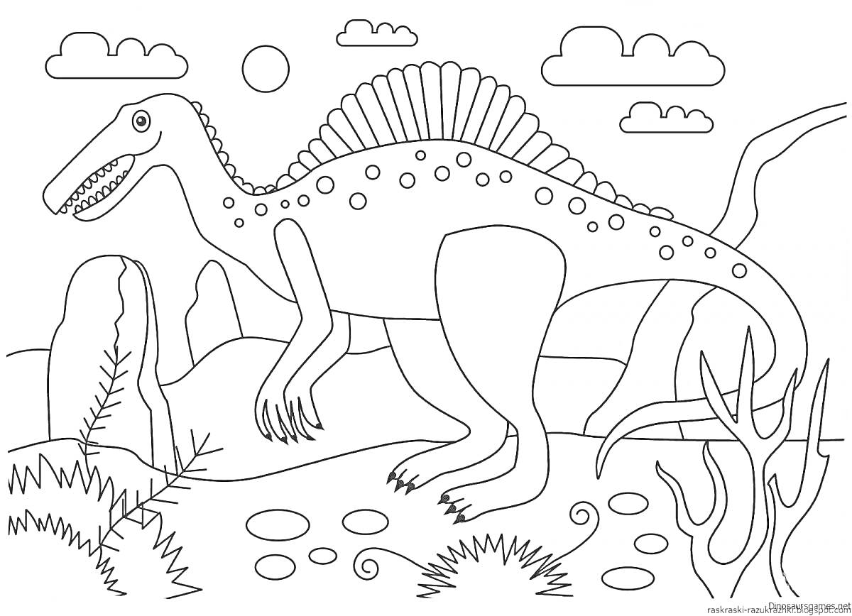 Динозавр Спинозавр на фоне пустынного пейзажа с растительностью, камнями, облаками и солнцем