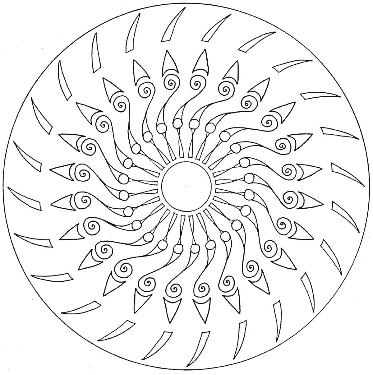 РаскраскаМандала с круговыми орнаментами и спиральными узорами