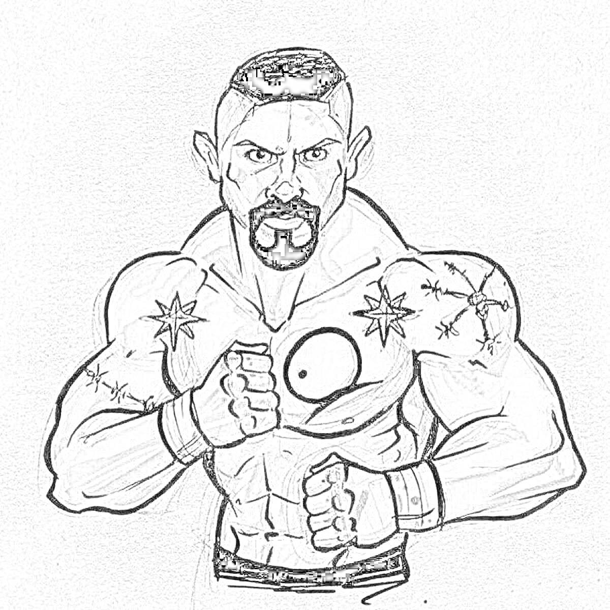 Раскраска Боец с чёрной бородой и короткой стрижкой, с татуировками звёзд и символа инь-янь, с сжатыми кулаками