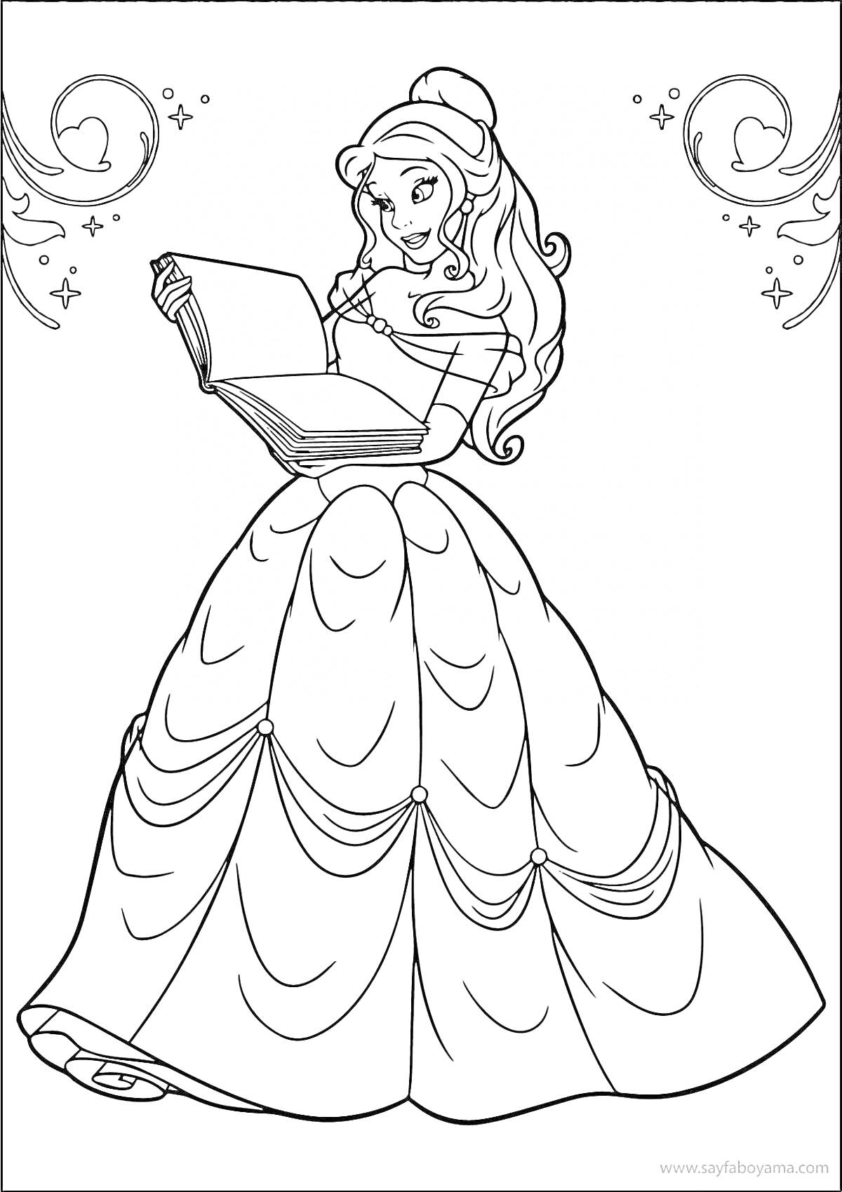 Раскраска Белла в платье читает книгу, вокруг завитки и сердечки