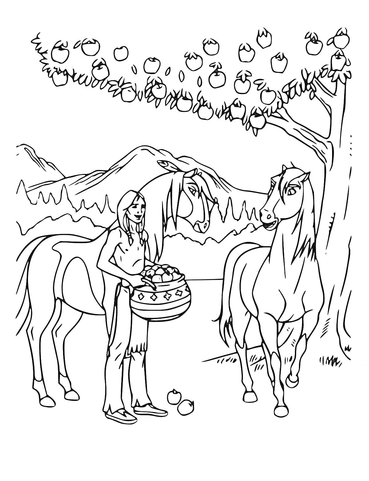 На раскраске изображено: Спирит, Лошадь, Лес, Яблоня, Человек, Корзина, Горы, Природа