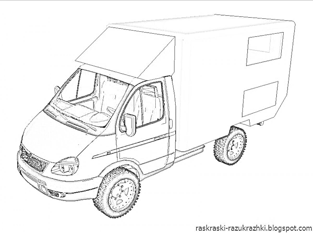 Раскраска Газель Некст коммерческий автомобиль с закрытым фургоном и большими окнами