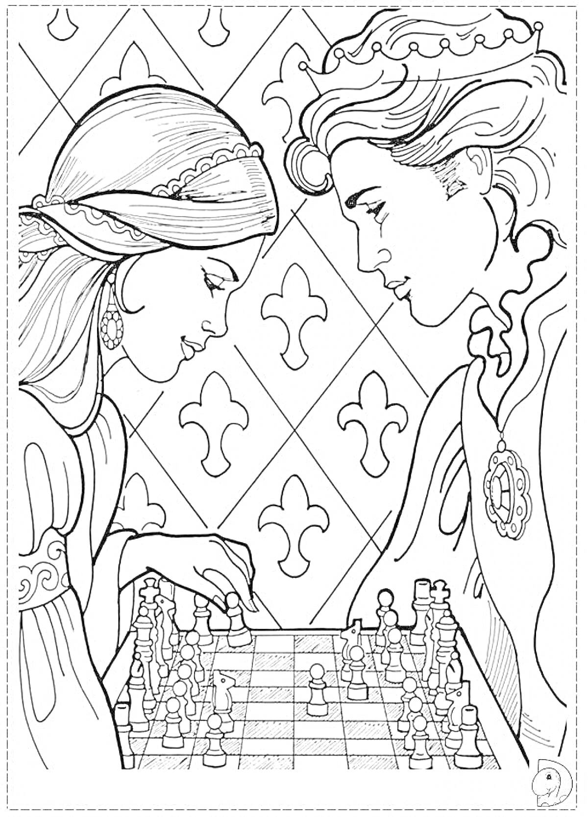 Раскраска Два человека за шахматной доской на фоне с узорами