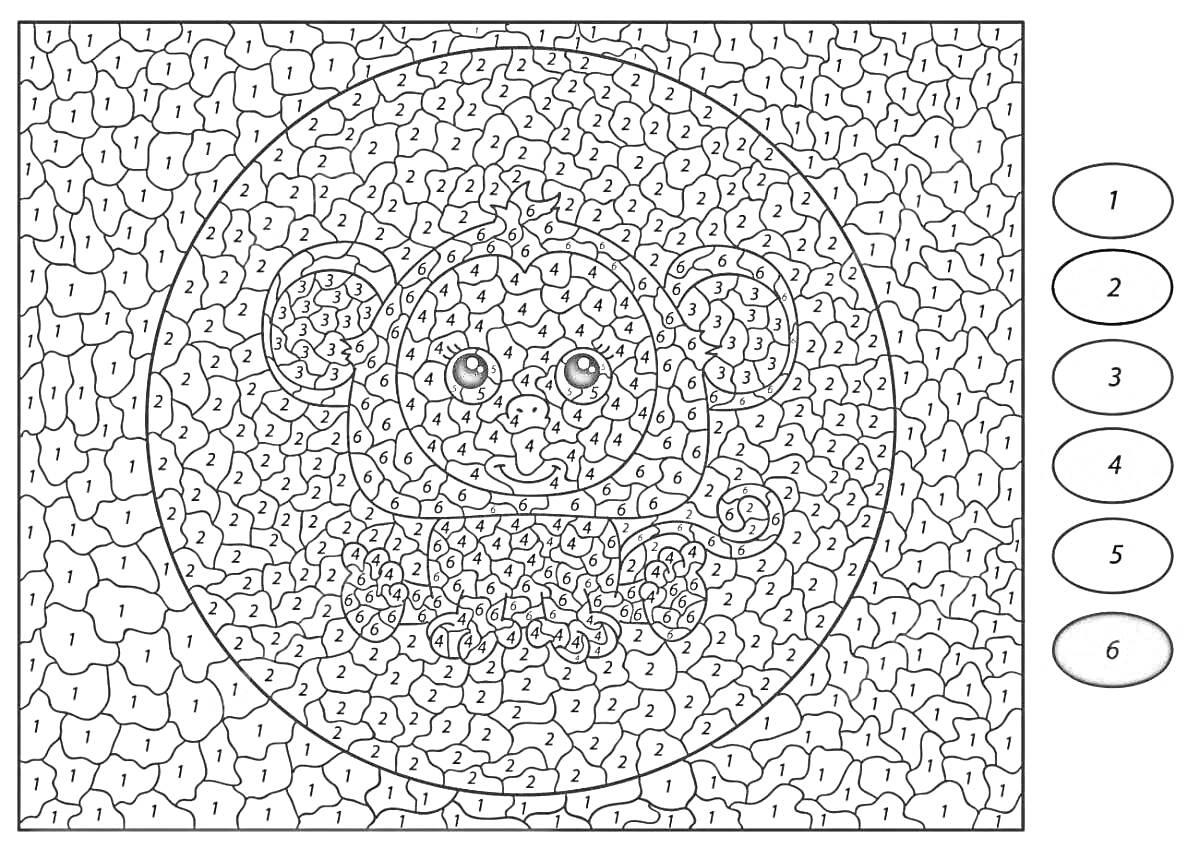 Раскраска Раскраска-антистресс по номерам с изображением обезьянки в круге на фоновом узоре