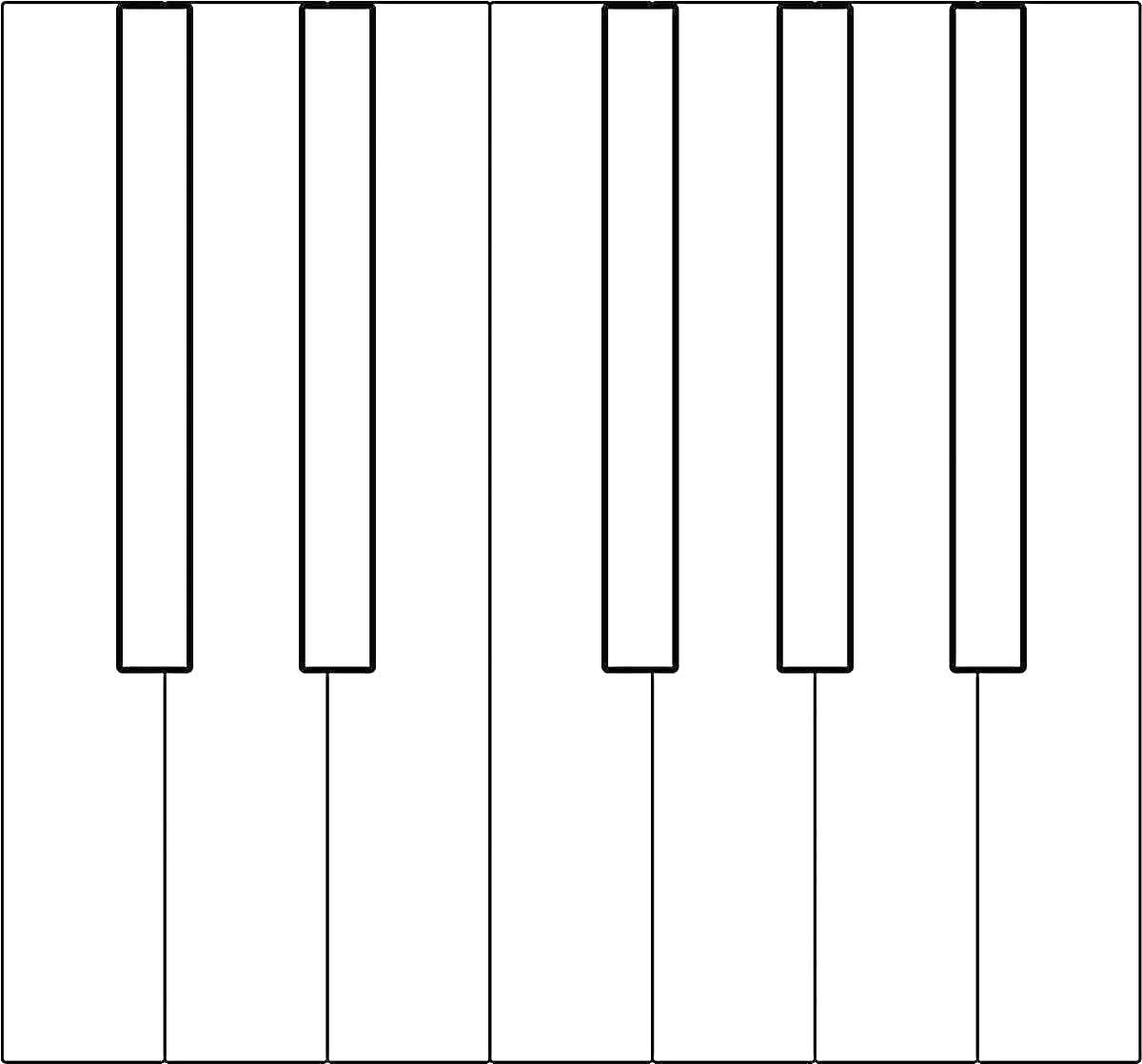 Раскраска Раскраска с пятью белыми клавишами и тремя черными клавишами пианино