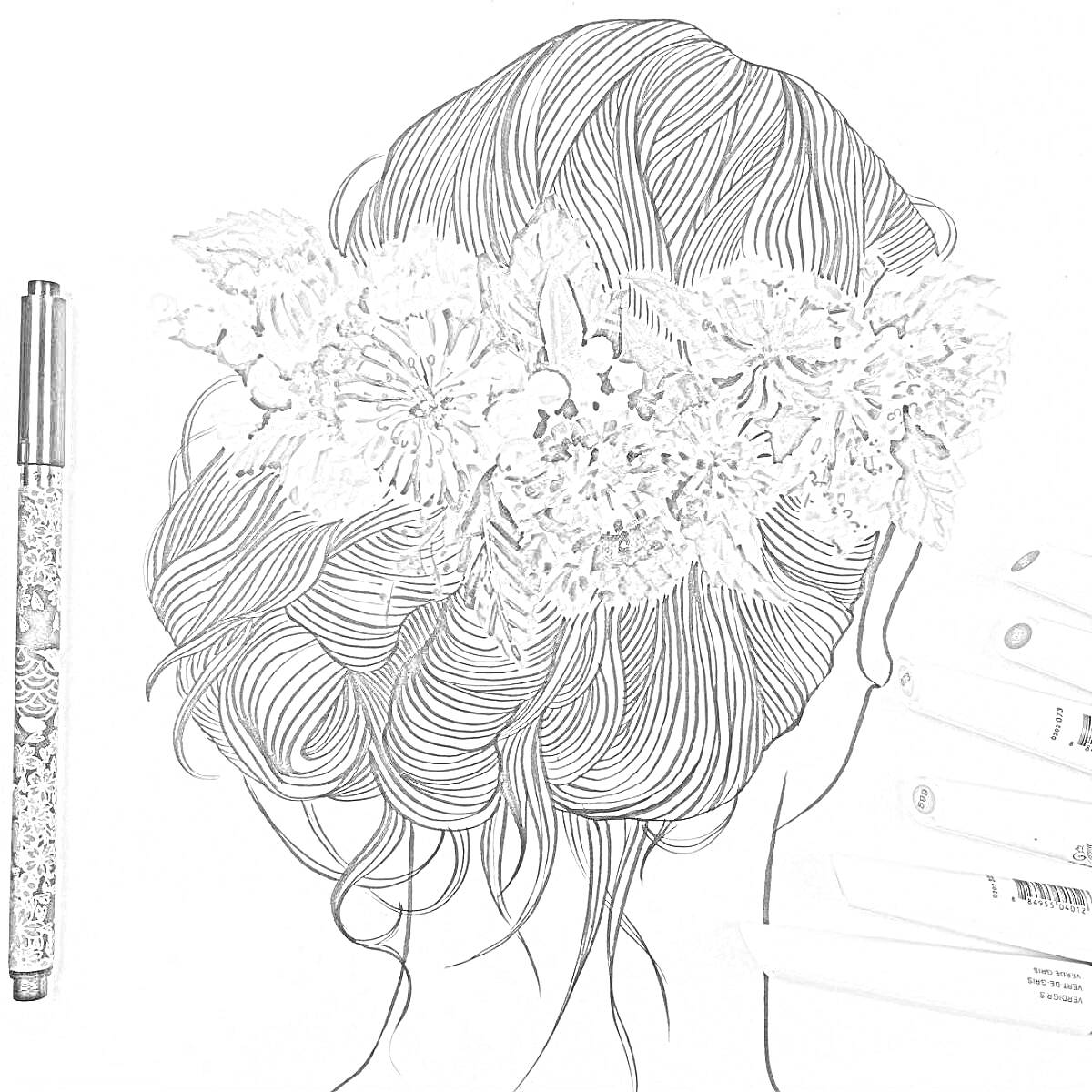 Раскраска Девушка с цветочным венком, черная ручка, цветные маркеры