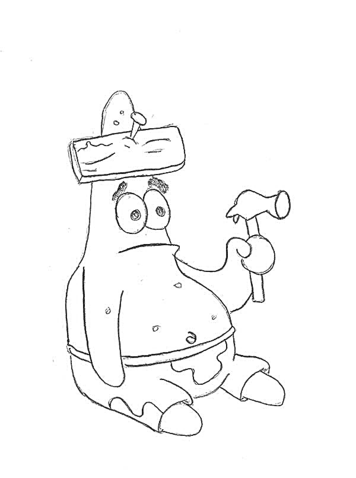 Раскраска Патрик со шляпой из доски, с молотком