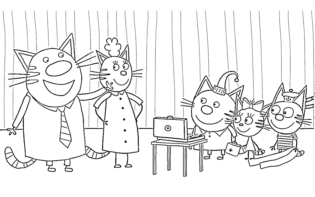 Раскраска Кошачья семья на кухне – большой кот в галстуке, кошка в поварском колпаке, котенок с волшебной палочкой, котенок с кренделем, котенок в пиратской шляпе, стол со сковородой