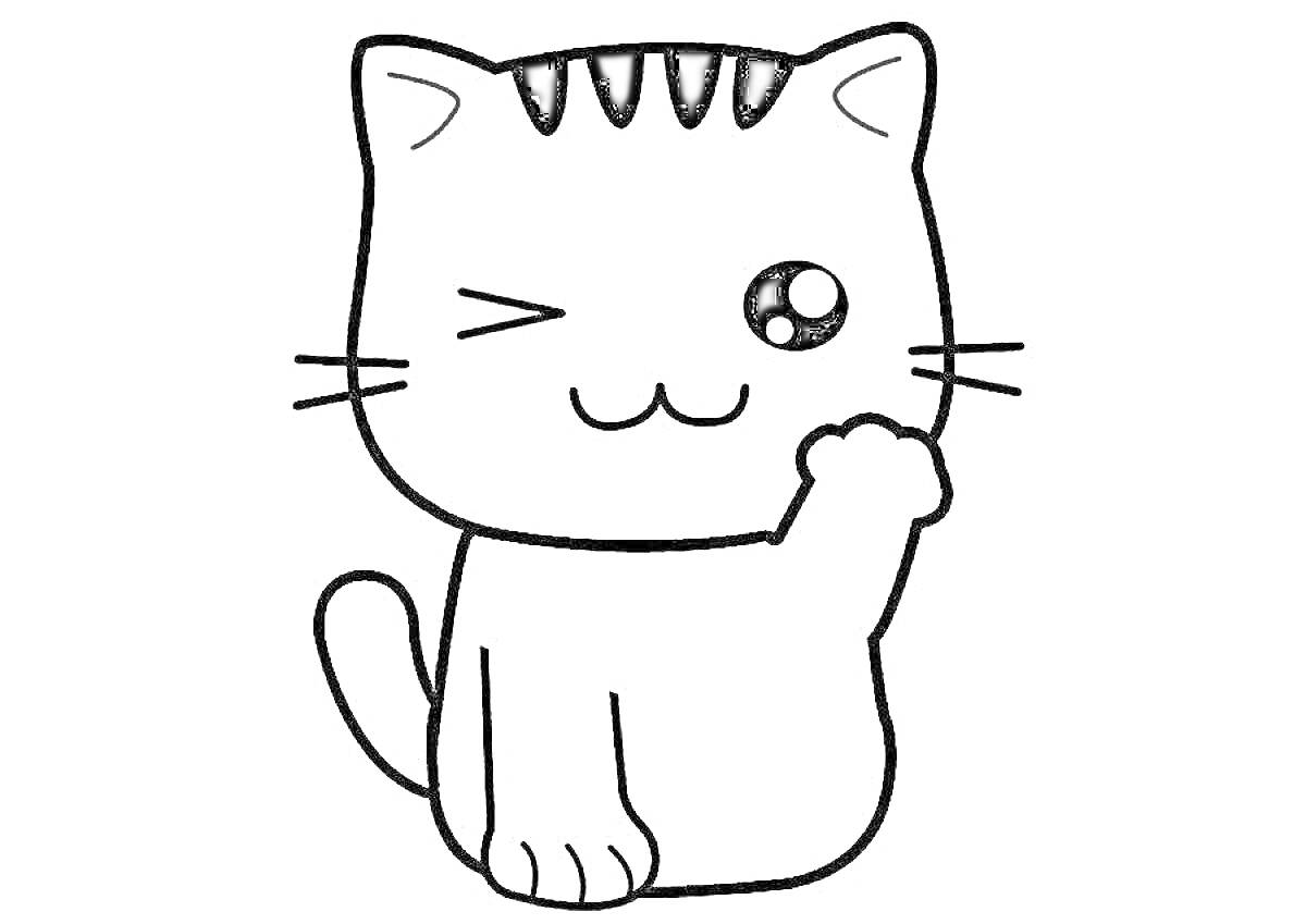 На раскраске изображено: Кот, Для детей, Милые, Поднятая лапа