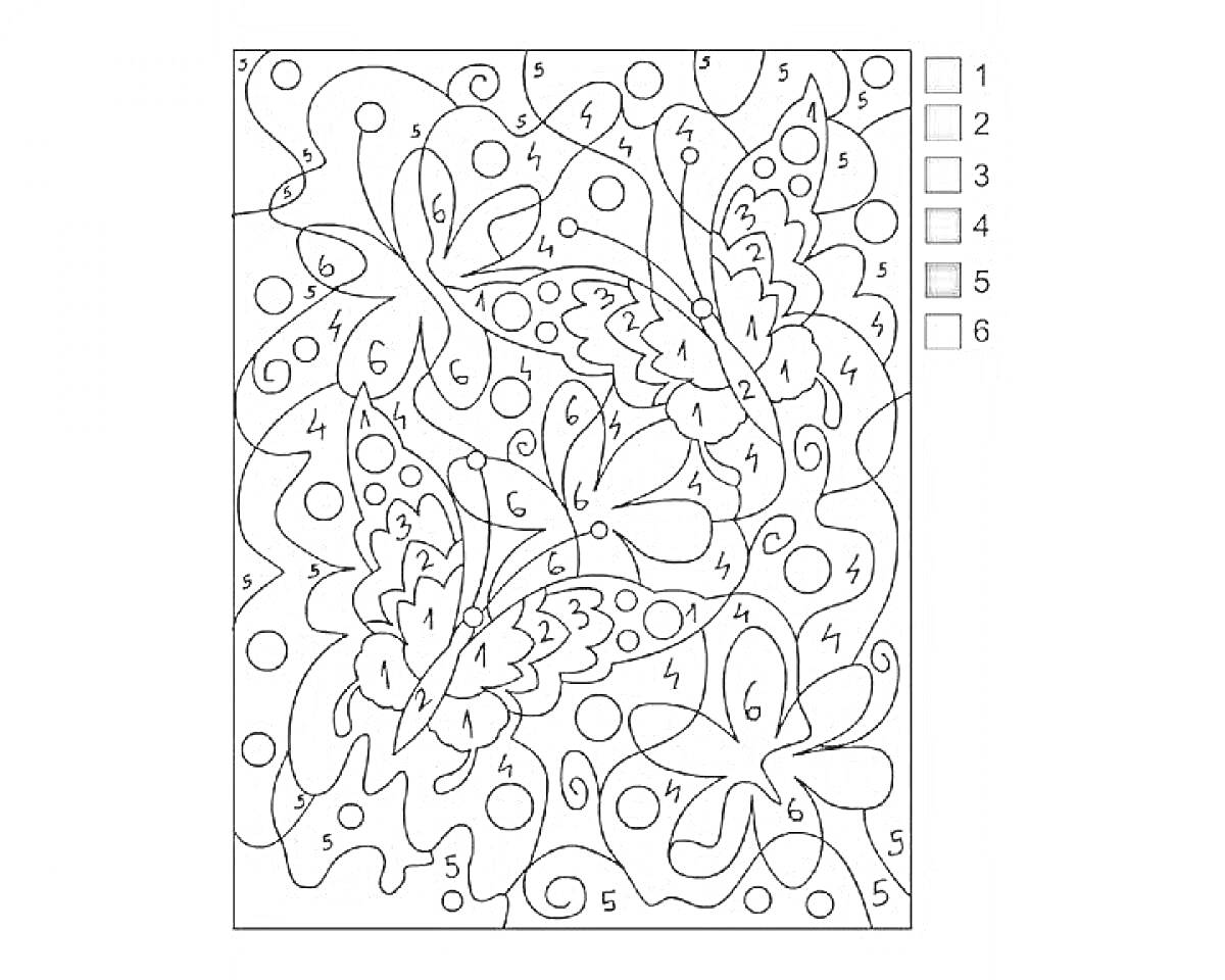 Раскраска раскраска по номерам - бабочки на цветущих ветках с шарами