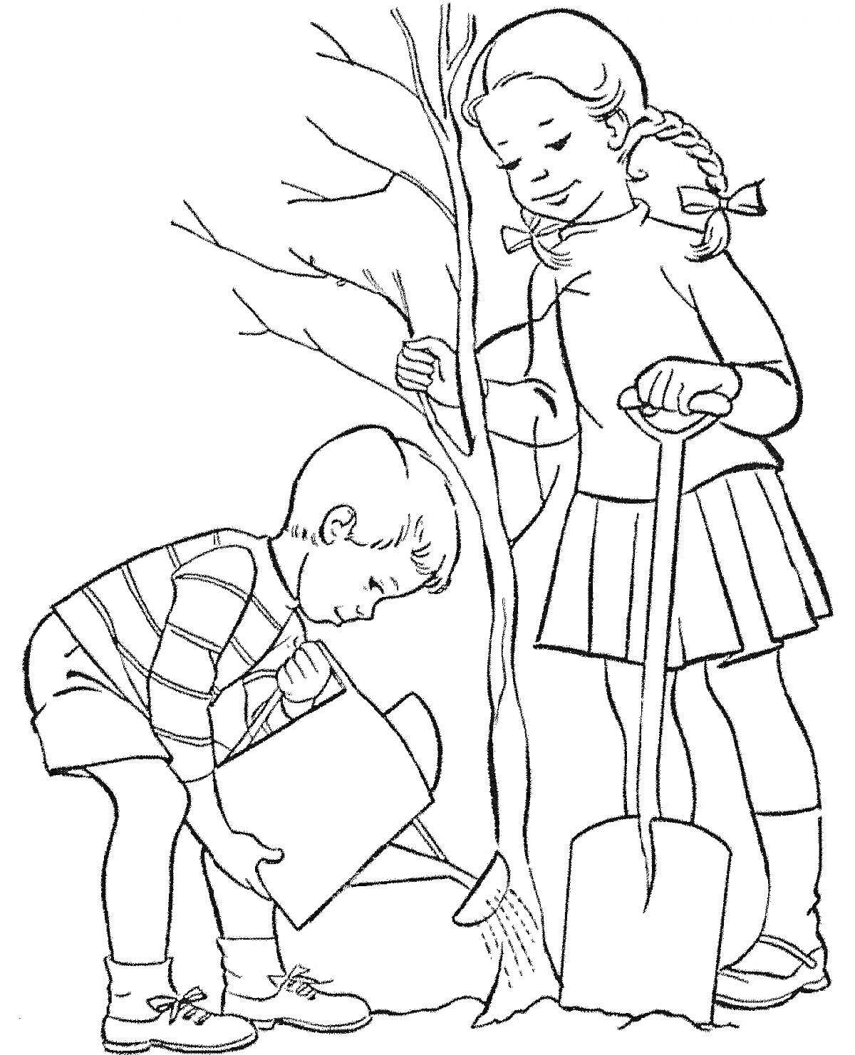 На раскраске изображено: Девочка, Мальчик, Лопата, Лейка, Садоводство, Природа, Для детей, Деревья