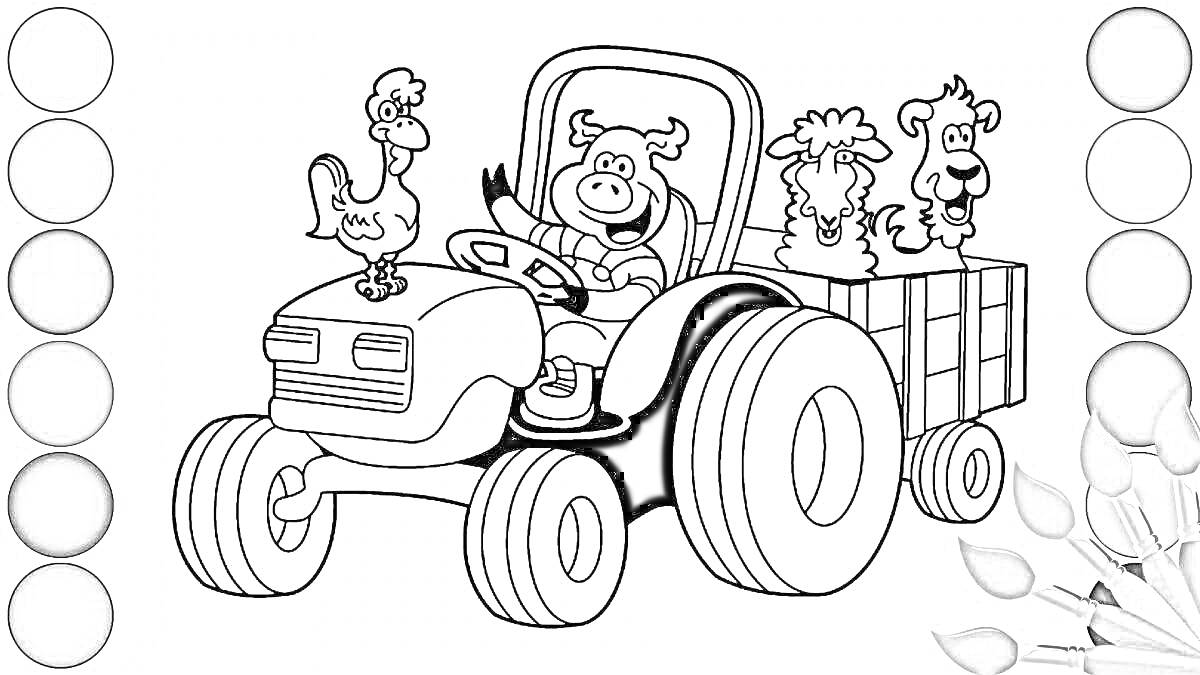 На раскраске изображено: Трактор, Бык, Собака, Прицеп, Животные