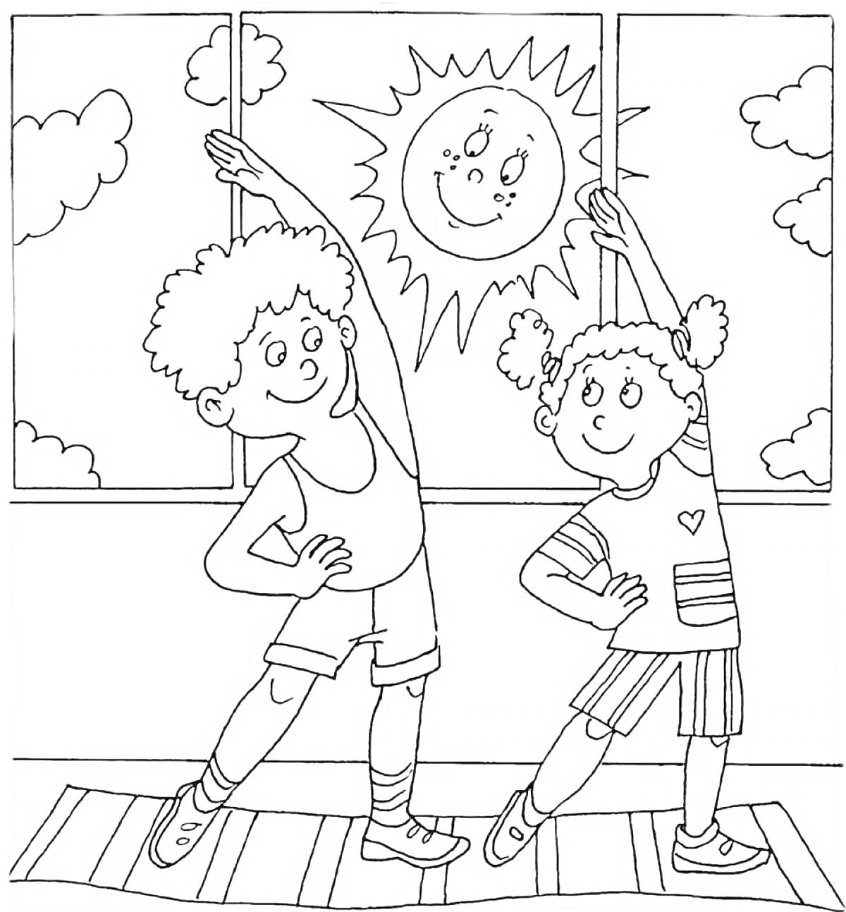 Двое детей занимаются физкультурой перед окном, за которым светит улыбающееся солнце, с облаками на фоне.