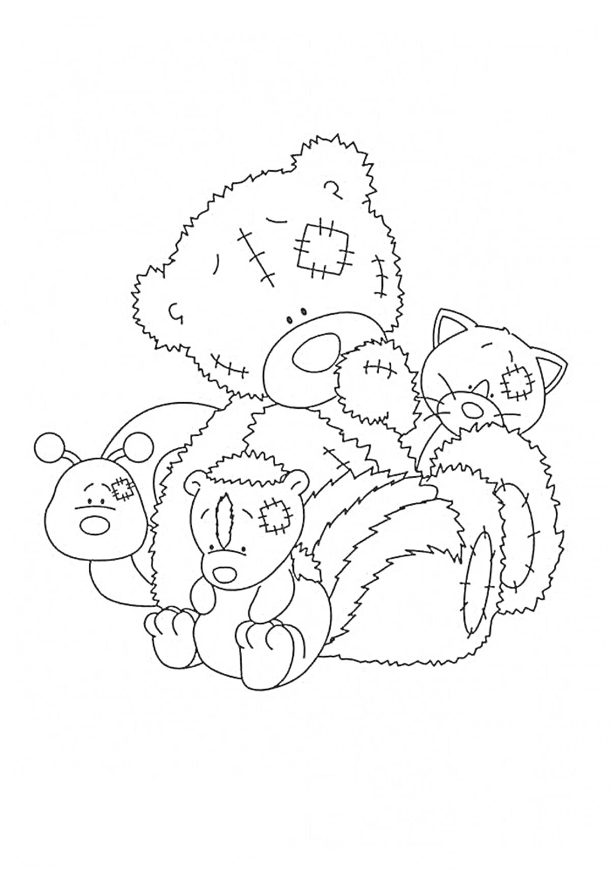 Раскраска Мишка Тедди с друзьями — котенком, гусеницей и другим мишкой с латками
