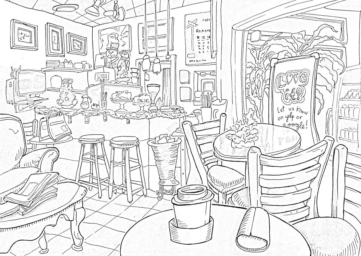 Раскраска Уютное кафе с барной стойкой, столиками и креслами, стойка с сырами и выпечкой, кофейный столик с напитком и круассаном, декорации на стенах и окне