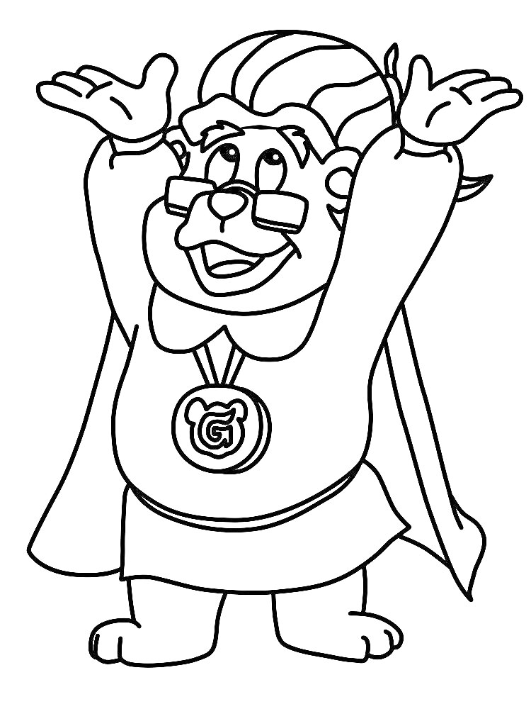 Раскраска Мишка с медальоном, поднявший руки вверх